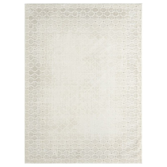 An off-white and light beige area rug with a distressed geometric trellis pattern and a solid border, shown flat against a white background.