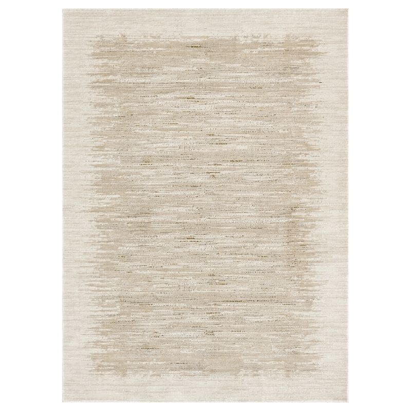 A rectangular area rug with a distressed, textured pattern in shades of beige and cream, centered on a white background.