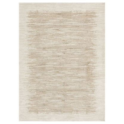 A rectangular area rug with a distressed, textured pattern in shades of beige and cream, centered on a white background.