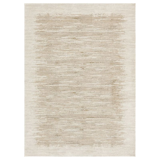 A rectangular area rug with a distressed, textured pattern in shades of beige and cream, centered on a white background.