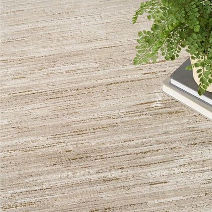 A close-up of a textured area rug with horizontal beige, cream, and light brown striations, styled with a green fern plant in a white pot on a stack of books in the upper right corner.