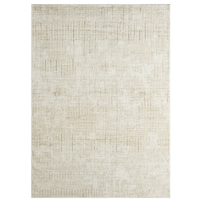A rectangular area rug with a textured, woven linen-like pattern in a warm cream and beige color palette, shown flat against a white background.