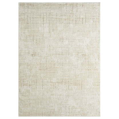 A rectangular area rug with a textured, woven linen-like pattern in a warm cream and beige color palette, shown flat against a white background.