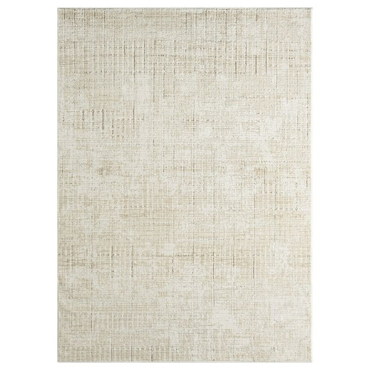 A rectangular area rug with a textured, woven linen-like pattern in a warm cream and beige color palette, shown flat against a white background.