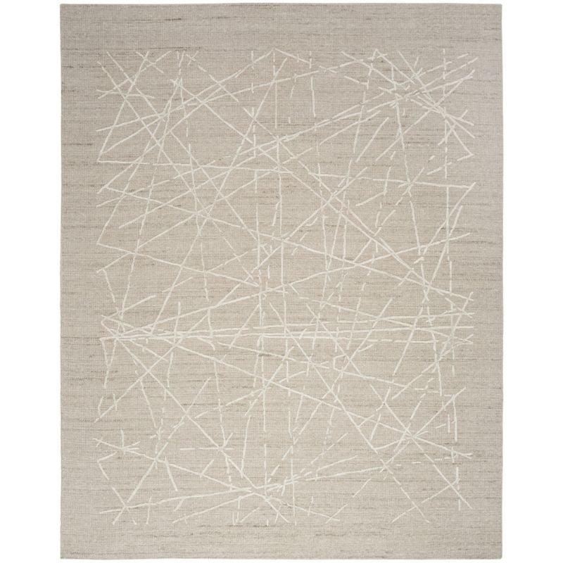 A square area rug with a textured beige background featuring an abstract pattern of intersecting hand-drawn white lines.