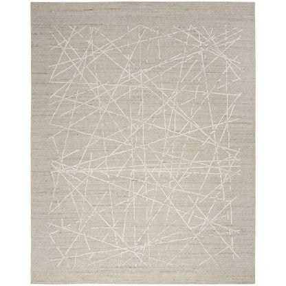 A square area rug with a textured beige background featuring an abstract pattern of intersecting hand-drawn white lines.