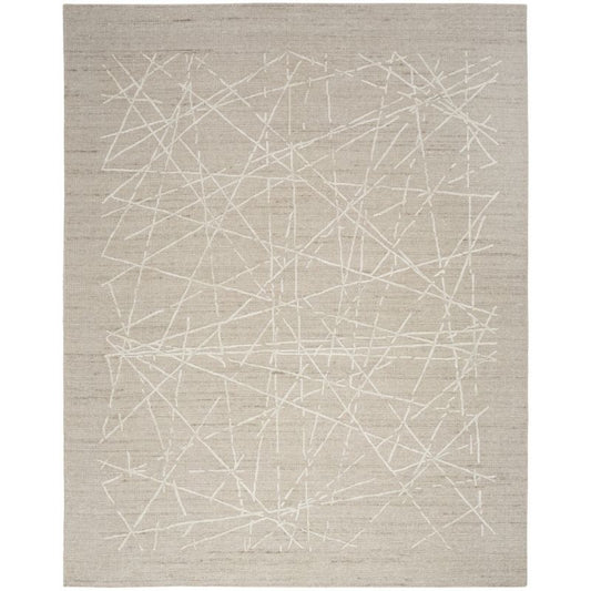 A square area rug with a textured beige background featuring an abstract pattern of intersecting hand-drawn white lines.