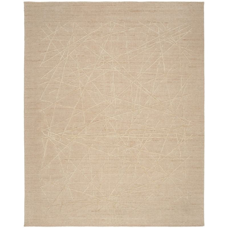 A square beige area rug with a subtle, light cream abstract line pattern woven across its textured surface, shown flat against a white background.