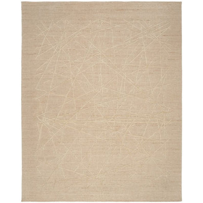 A square beige area rug with a subtle, light cream abstract line pattern woven across its textured surface, shown flat against a white background.