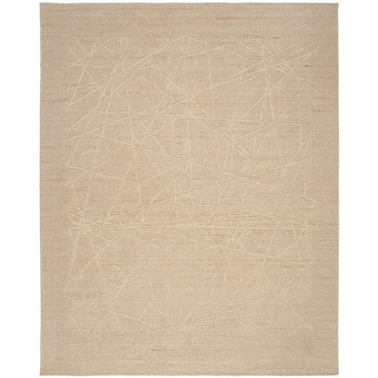 A square beige area rug with a subtle, light cream abstract line pattern woven across its textured surface, shown flat against a white background.