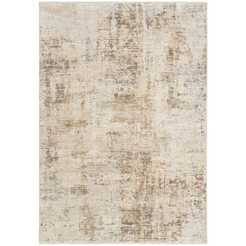 Textured area rug with a neutral color palette on a white background