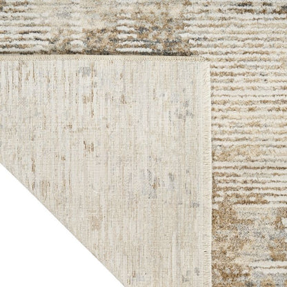 Textured area rug with a neutral color palette on a white background