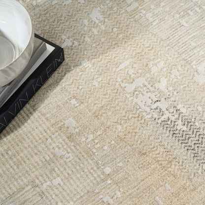 Close-up of a textured beige carpet with a book and bowl on top