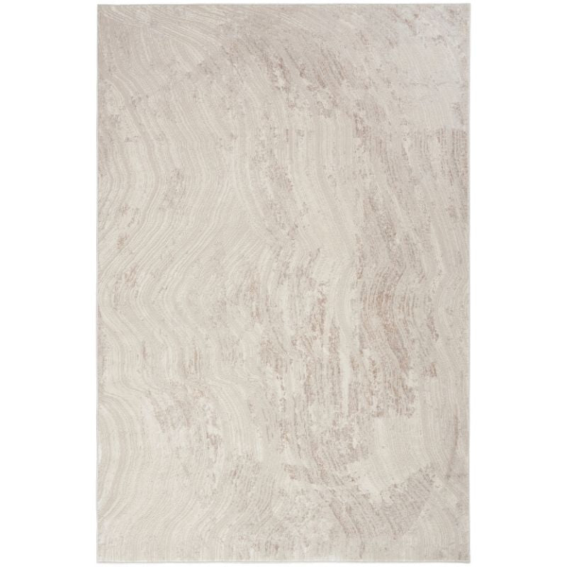 A rectangular area rug with a distressed marble or stone-look pattern in light beige, cream, and soft taupe tones, shown flat against a white background.