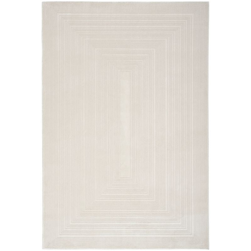 A rectangular area rug in a warm off-white or cream tone, featuring a subtle concentric geometric pattern of nested rectangles.