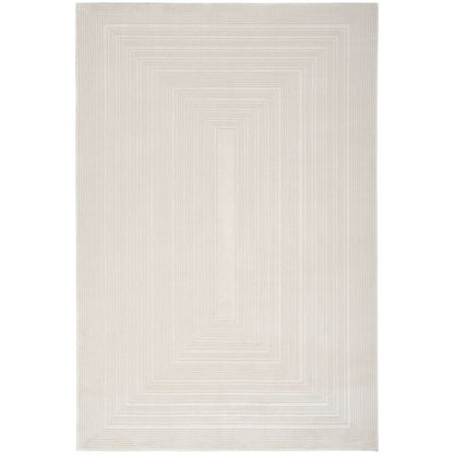 A rectangular area rug in a warm off-white or cream tone, featuring a subtle concentric geometric pattern of nested rectangles.