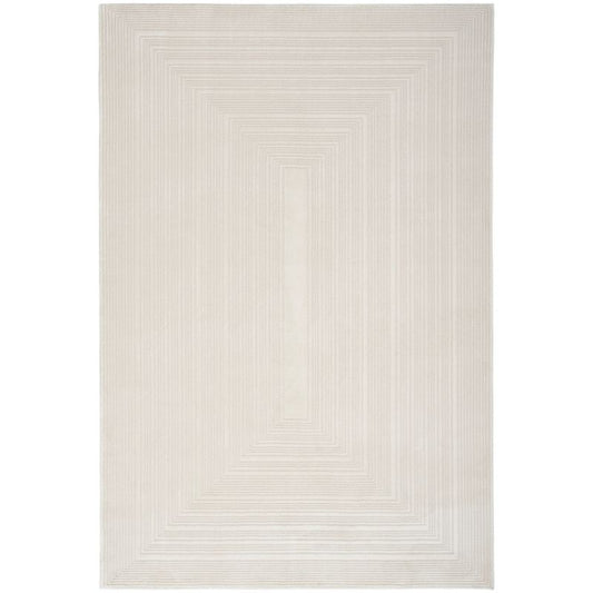 A rectangular area rug in a warm off-white or cream tone, featuring a subtle concentric geometric pattern of nested rectangles.