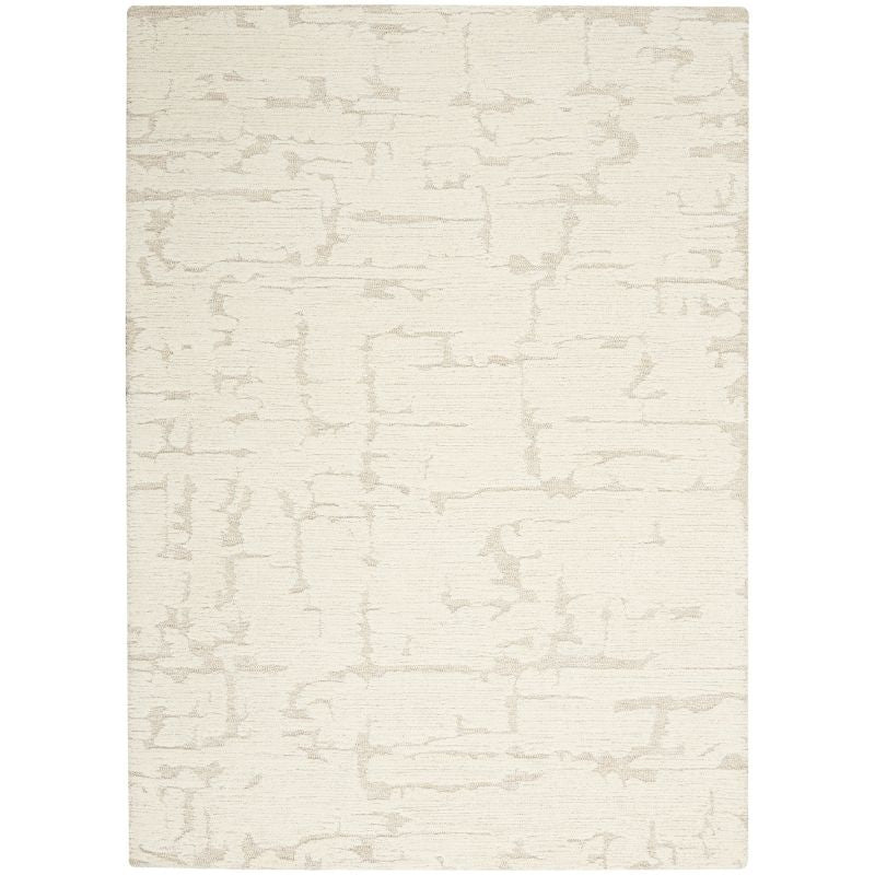 An off-white area rug with a distressed, abstract light gray pattern, shown flat against a white background.