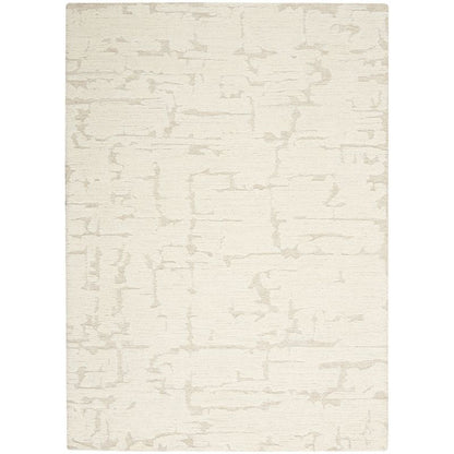 An off-white area rug with a distressed, abstract light gray pattern, shown flat against a white background.