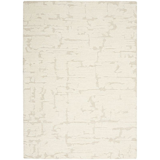 An off-white area rug with a distressed, abstract light gray pattern, shown flat against a white background.