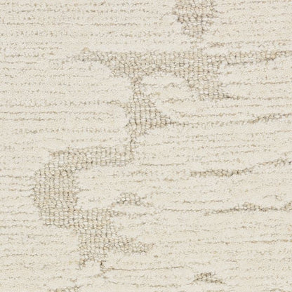 A close-up of a textured area rug with an abstract, distressed pattern in cream and light taupe.