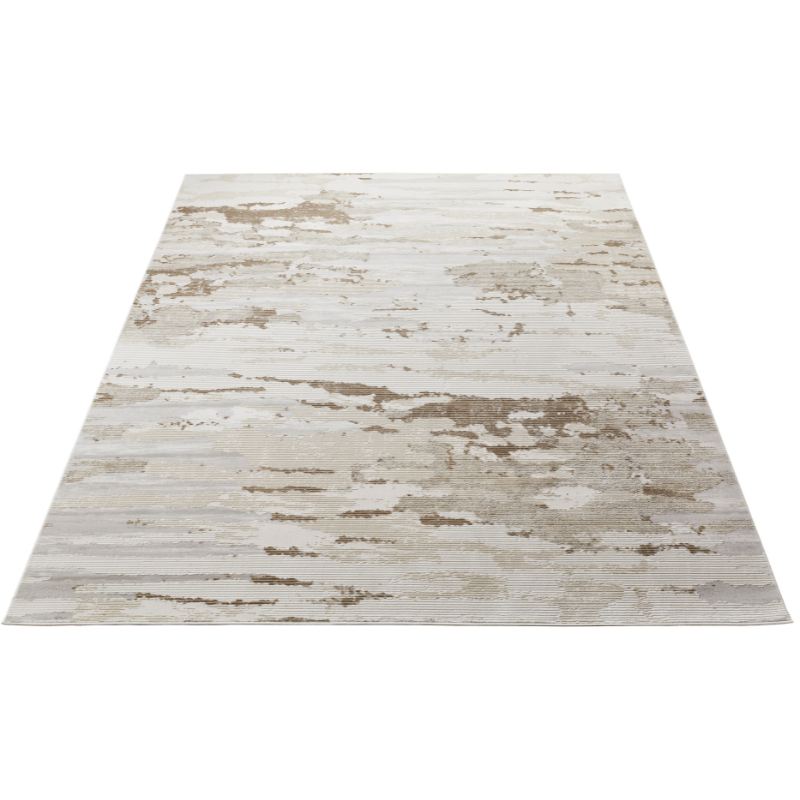 A rectangular area rug with a distressed, weathered pattern in off-white, beige, and light brown, shown from a top-down perspective on a white background.