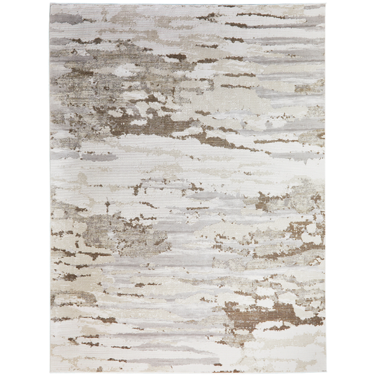 An abstract distressed area rug with a horizontal brushstroke pattern in cream, beige, taupe, and light brown tones.