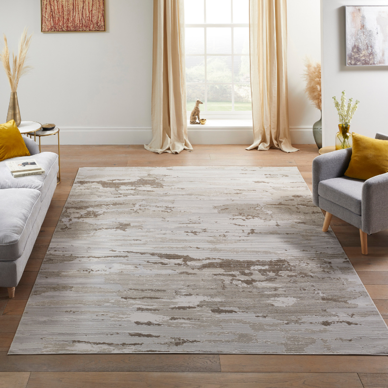 A rectangular area rug with a distressed, weathered wood-look pattern in shades of gray and beige, shown in a modern living room setting with a gray sofa, armchair, and wooden floor.