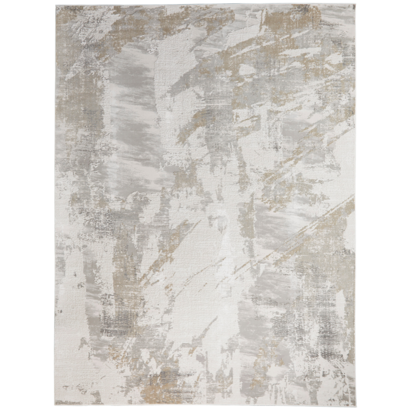 An abstract area rug featuring a distressed, textured pattern in shades of off-white, light gray, and warm beige.