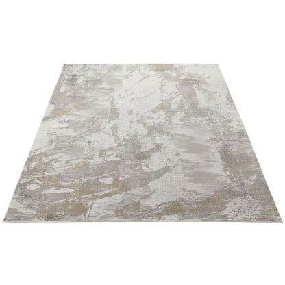 An abstract area rug with a distressed, painterly pattern in shades of beige, gray, and off-white, shown from a top-down perspective on a white background.