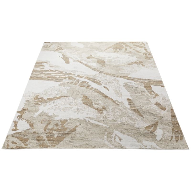 An abstract area rug with a modern, painterly pattern in beige, cream, and light brown tones, shown from a top-down perspective on a white background.
