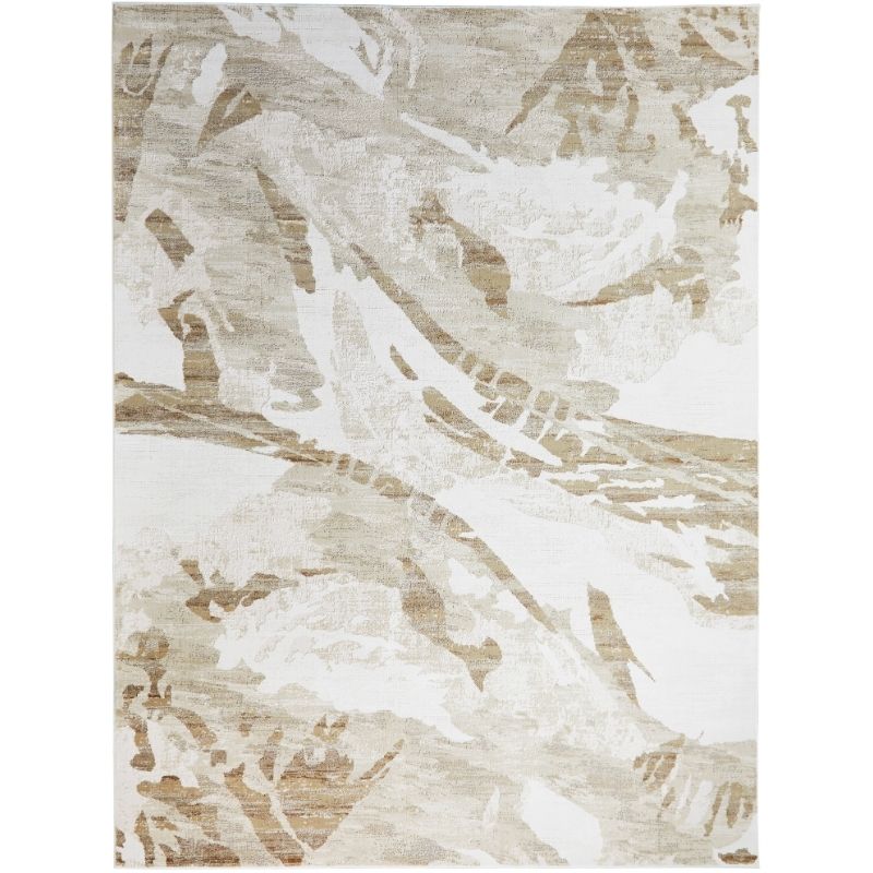 An abstract area rug featuring a distressed, painterly pattern in beige, tan, and off-white tones.