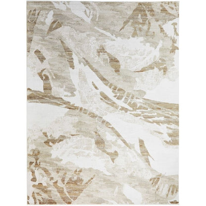 An abstract area rug featuring a distressed, painterly pattern in beige, tan, and off-white tones.