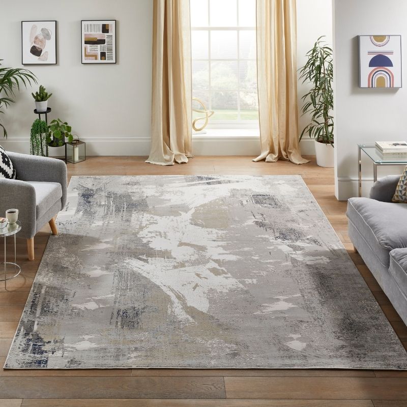 Living room with a large abstract patterned rug, gray sofa, and plants.