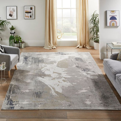 Living room with a large abstract patterned rug, gray sofa, and plants.