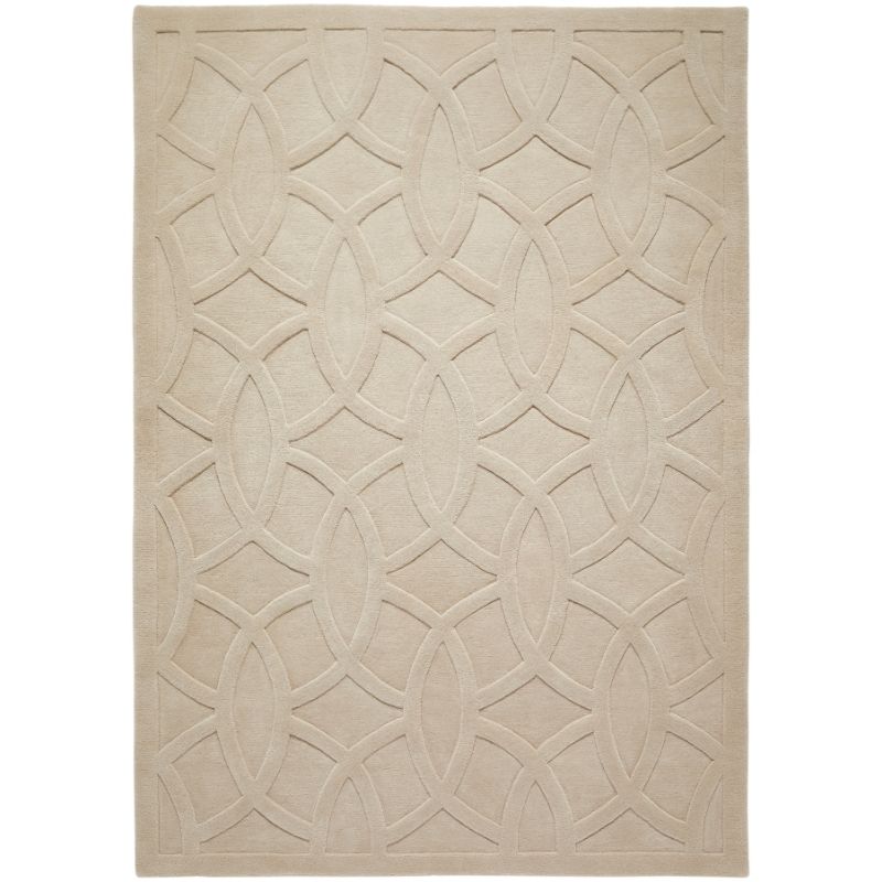A rectangular area rug in a light beige or cream color, featuring a raised geometric trellis pattern of interlocking oval and diamond shapes.
