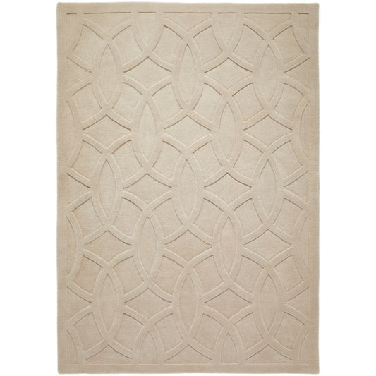 A rectangular area rug in a light beige or cream color, featuring a raised geometric trellis pattern of interlocking oval and diamond shapes.