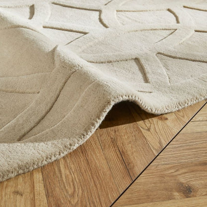 Beige textured rug on a wooden floor
