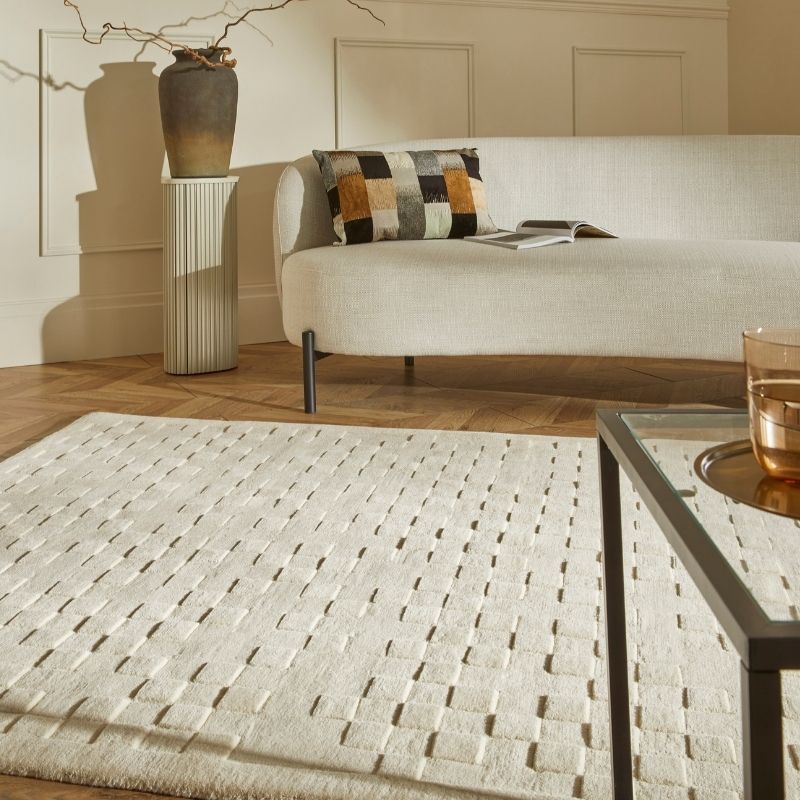 Concept Looms Priory Hand Carved Checkerboard Ivory Wool Rug