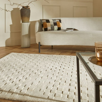 Concept Looms Priory Hand Carved Checkerboard Ivory Wool Rug