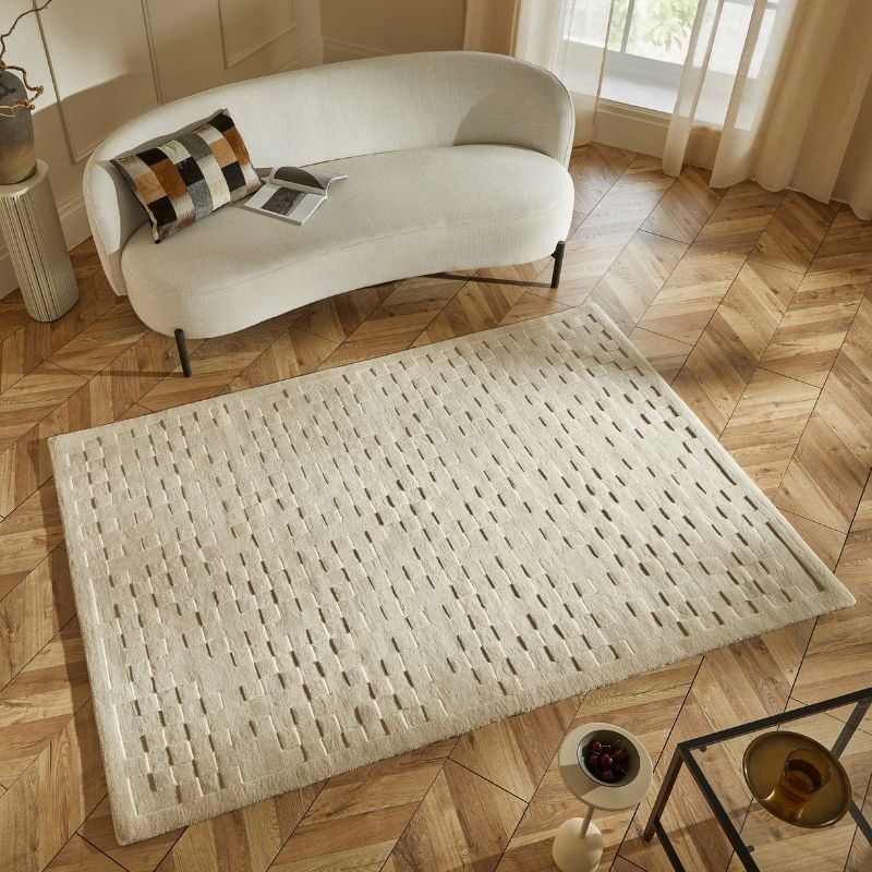 Concept Looms Priory Hand Carved Checkerboard Ivory Wool Rug