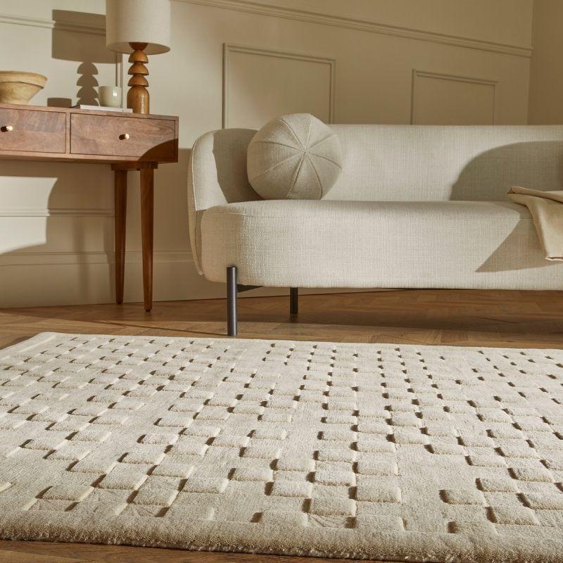 Concept Looms Priory Hand Carved Checkerboard Beige Wool Rug