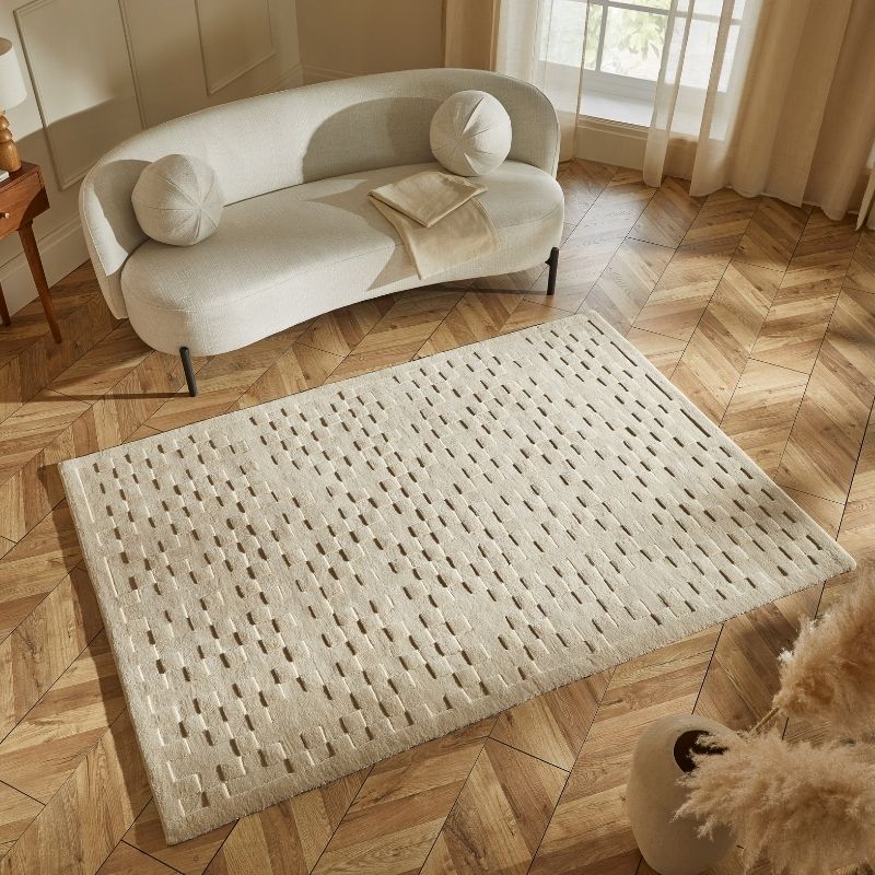 Concept Looms Priory Hand Carved Checkerboard Beige Wool Rug