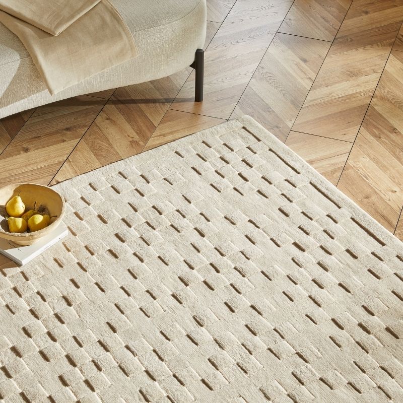 Concept Looms Priory Hand Carved Checkerboard Beige Wool Rug