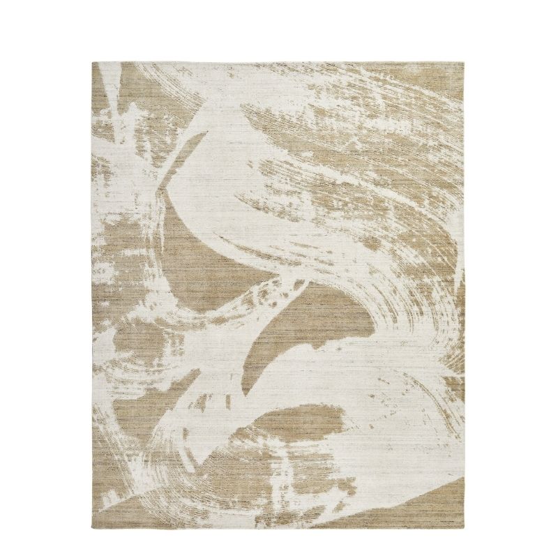 An abstract area rug featuring a textured, distressed design with sweeping brushstrokes in warm beige and off-white, shown flat against a white background.