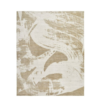 An abstract area rug featuring a textured, distressed design with sweeping brushstrokes in warm beige and off-white, shown flat against a white background.