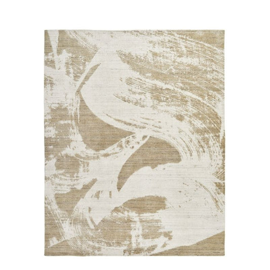 An abstract area rug featuring a textured, distressed design with sweeping brushstrokes in warm beige and off-white, shown flat against a white background.