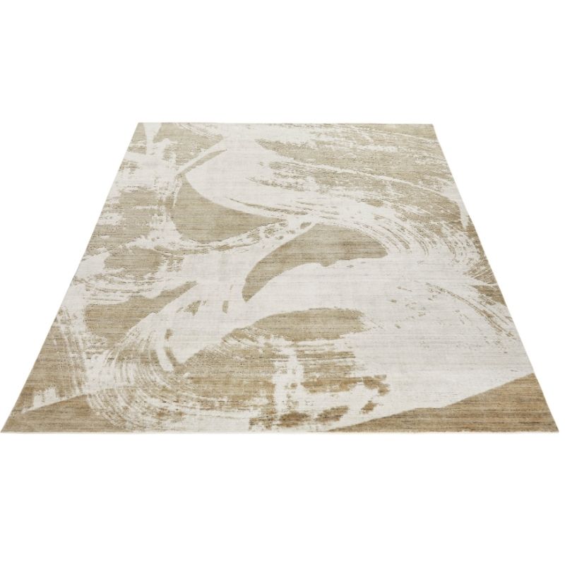 An abstract area rug with a distressed, brushstroke pattern in beige, cream, and light brown tones, shown from an elevated perspective against a white background.