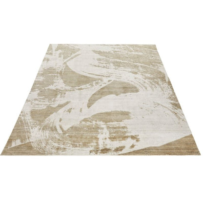 An abstract area rug with a distressed, brushstroke pattern in beige, cream, and light brown tones, shown from an elevated perspective against a white background.