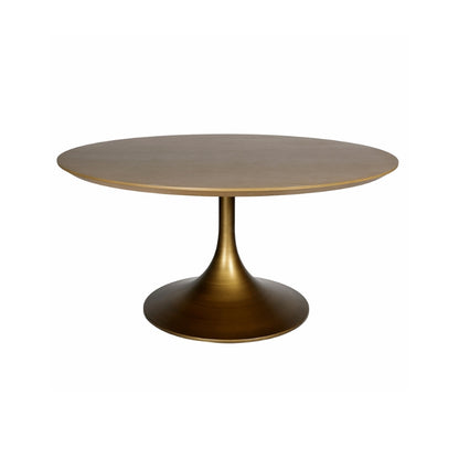 A round dining table with a medium brown wood-grain top and a tapered bronze-finished metal pedestal base, shown against a plain white background.